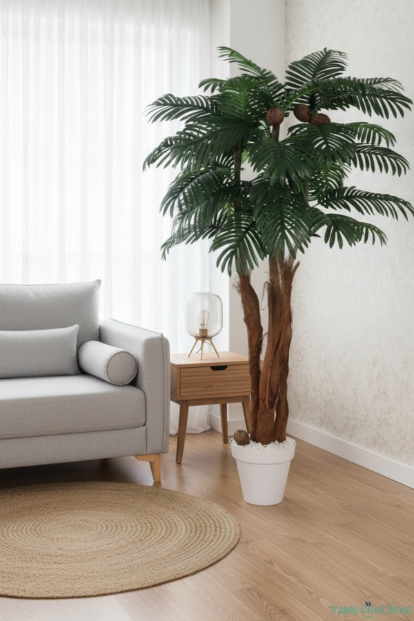 3 Gövdeli Beyaz Saksıda Yapay Tropikal Palmiye Ağacı 28 Yapraklı 180 cm - 4