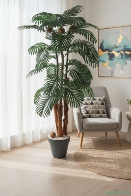 3 Gövdeli Siyah Saksıda Yapay Tropikal Palmiye Ağacı 28 Yapraklı 180 cm - 6