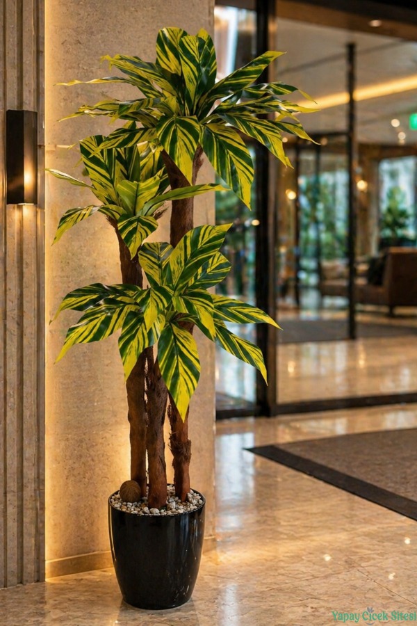 3 Gövdeli Siyah Saksıda Yapay Botanik Ağaç 130 cm Sarı-Yeşil - 1