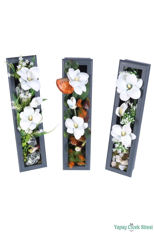Ahşap Çerçeveli Yapay Çiçek Duvar Tablosu 44x11 cm 3lü Set - 1