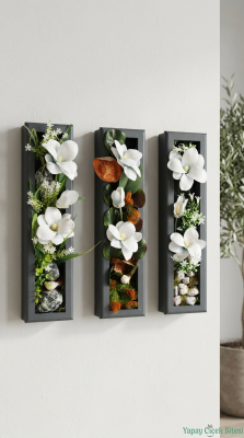 Ahşap Çerçeveli Yapay Çiçek Duvar Tablosu 44x11 cm 3lü Set - 2