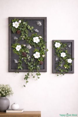 Ahşap Çerçeveli Yapay Çiçek Duvar Tablosu 60x80 cm 2li Set - Yapay Çiçek Sitesi