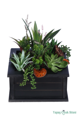 Ahşap Saksıda Dekoratif Masa Çiçeği Model 1 - Yapay Çiçek Sitesi