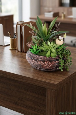 Beton Dekoratif Saksıda Bitkili Aranjman Model 1 - Yapay Çiçek Sitesi