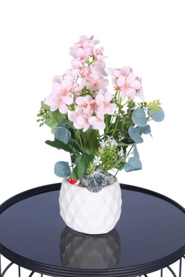 Beton Saksıda Yapay Şeftali Çiçeği Tanzimi Pudra - Yapay Çiçek Sitesi