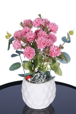 Beton Saksıda Yapay Top Krizantem Pembe - 3