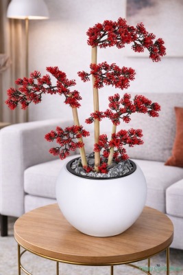 Beyaz Küre Saksıda Modern Minimal Tasarım Yapay Bonsai Ağacı Kırmızı 65 cm - Yapay Çiçek Sitesi