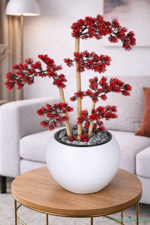 Beyaz Küre Saksıda Modern Minimal Tasarım Yapay Bonsai Ağacı Kırmızı 65 cm - 1