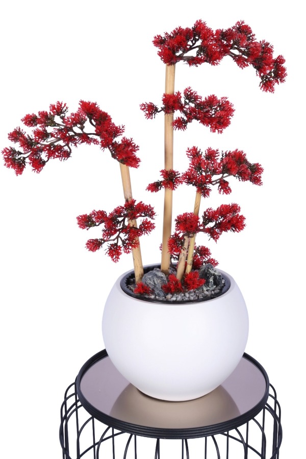 Beyaz Küre Saksıda Modern Minimal Tasarım Yapay Bonsai Ağacı Kırmızı 65 cm - 5