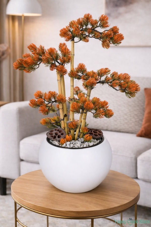 Beyaz Küre Saksıda Modern Minimal Tasarım Yapay Bonsai Ağacı Turuncu 65 cm - 1