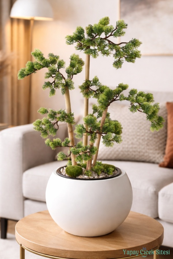 Beyaz Küre Saksıda Modern Minimal Tasarım Yapay Bonsai Ağacı Yeşil 65 cm - 1