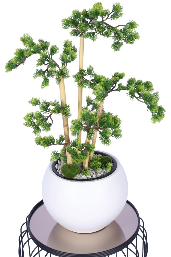 Beyaz Küre Saksıda Modern Minimal Tasarım Yapay Bonsai Ağacı Yeşil 65 cm - 3