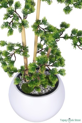 Beyaz Küre Saksıda Modern Minimal Tasarım Yapay Bonsai Ağacı Yeşil 65 cm - 4