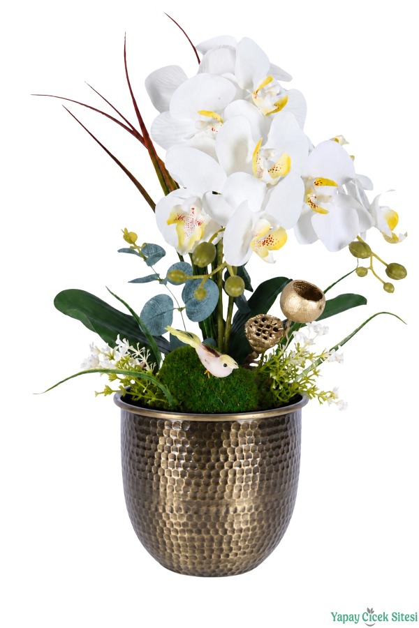Bronz Metal Saksıda Premium 2 Dal Yapay Orkide Aranjmanı 40cm - 2