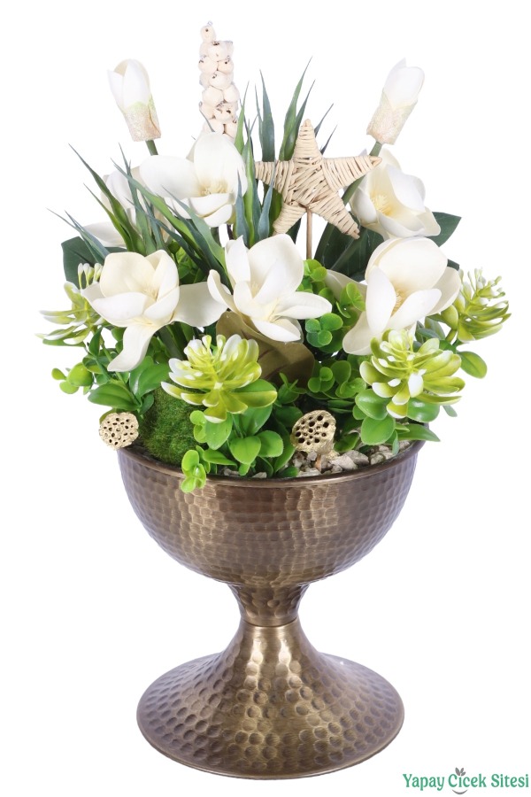 Darbeli Metal Saksıda Yapay Beyaz Manolya ve Sukulent Tanzimi 45 cm - 3