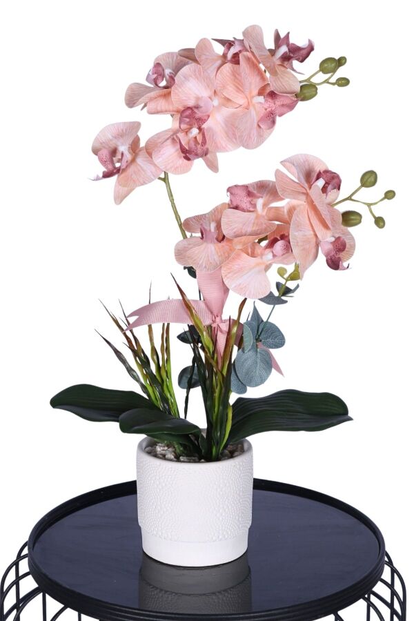 Dekoratif Beton Saksıda Yapay 2 Dal Orkide Çiçeği Somon - 1