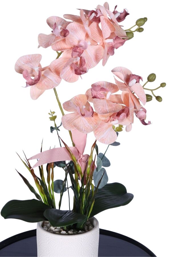 Dekoratif Beton Saksıda Yapay 2 Dal Orkide Çiçeği Somon - 3