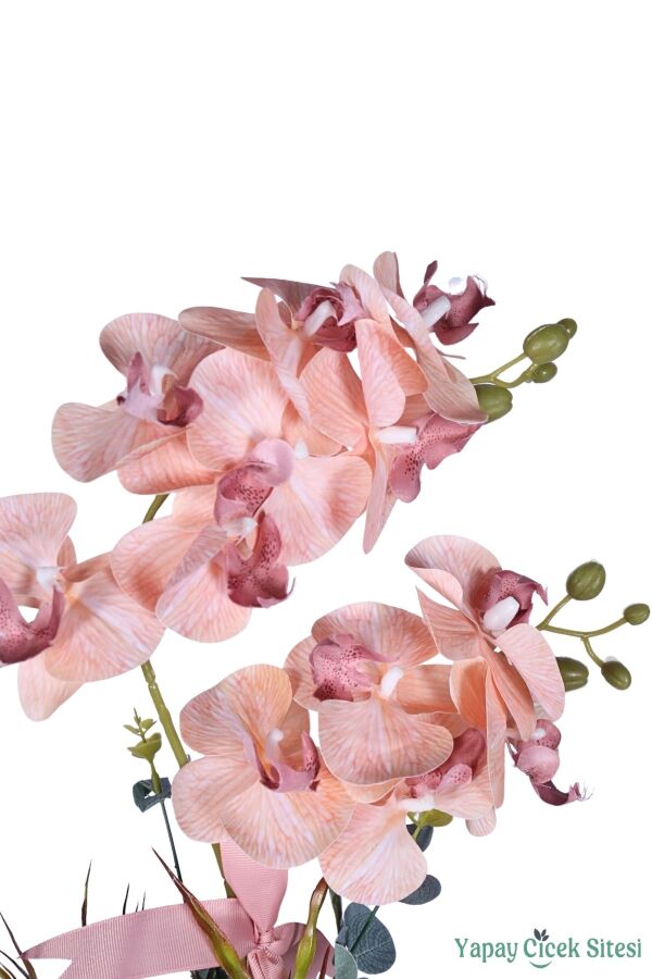 Dekoratif Beton Saksıda Yapay 2 Dal Orkide Çiçeği Somon - 4