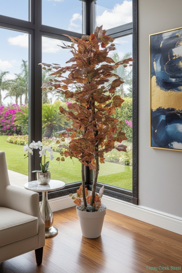 Dekoratif Saksıda 3 Gövdeli Yapay Çınar Ağacı Kiremit 180 cm - 4