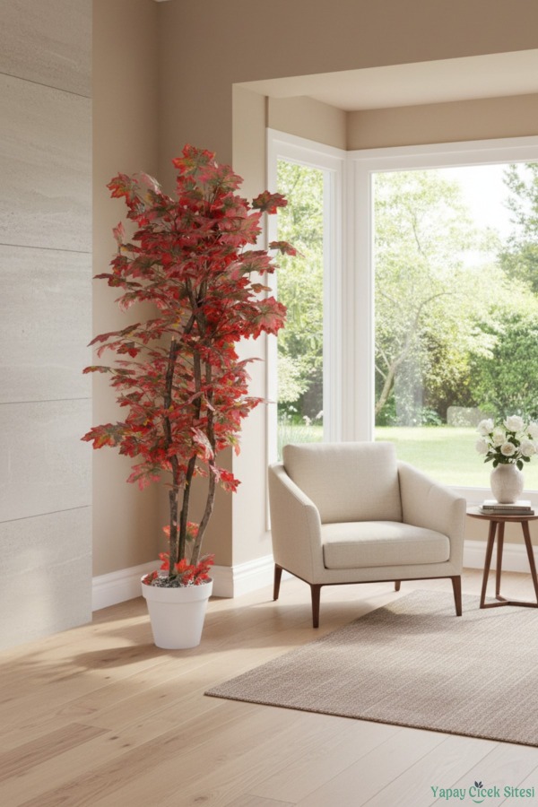 Dekoratif Saksıda 3 Gövdeli Yapay Çınar Ağacı Kırmızı 180 cm - 4