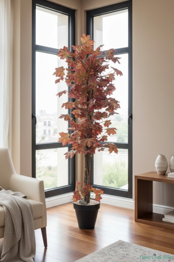 Dekoratif Saksıda 3 Gövdeli Yapay Çınar Ağacı Kızıl-Turuncu 180 cm - 4