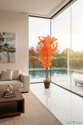 Dekoratif Saksıda 3 Gövdeli Yapay Çınar Ağacı Turuncu 180 cm - 4