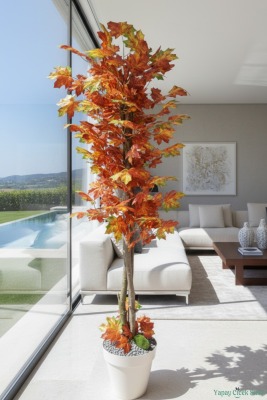 Dekoratif Saksıda 3 Gövdeli Yapay Çınar Ağacı Yeşil-Kızıl 180 cm - 4