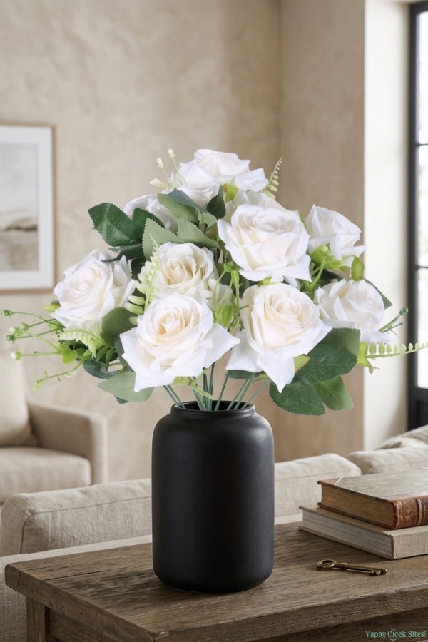 Dolgun Görünümlü Yapay Gül Demeti 40 cm 9lu Beyaz - 1