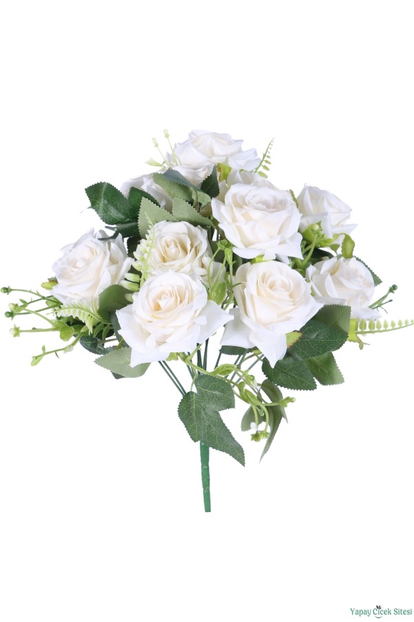 Dolgun Görünümlü Yapay Gül Demeti 40 cm 9lu Beyaz - 2