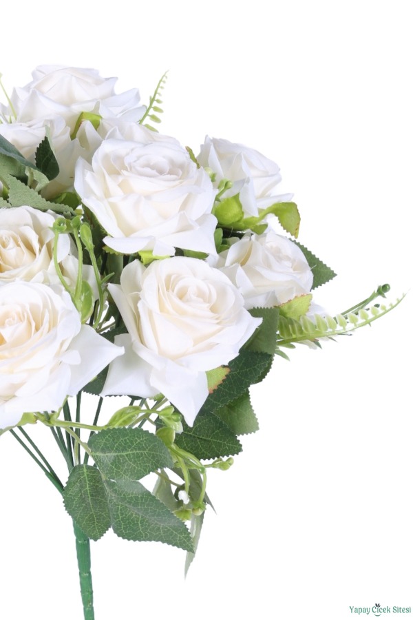 Dolgun Görünümlü Yapay Gül Demeti 40 cm 9lu Beyaz - 3