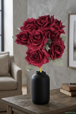 Dolgun Görünümlü Yapay Gül Demeti 40 cm 9lu Bordo - Yapay Çiçek Sitesi