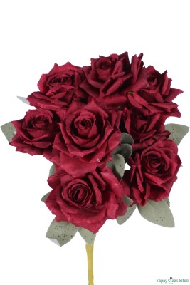 Dolgun Görünümlü Yapay Gül Demeti 40 cm 9lu Bordo - 2