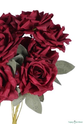 Dolgun Görünümlü Yapay Gül Demeti 40 cm 9lu Bordo - 3