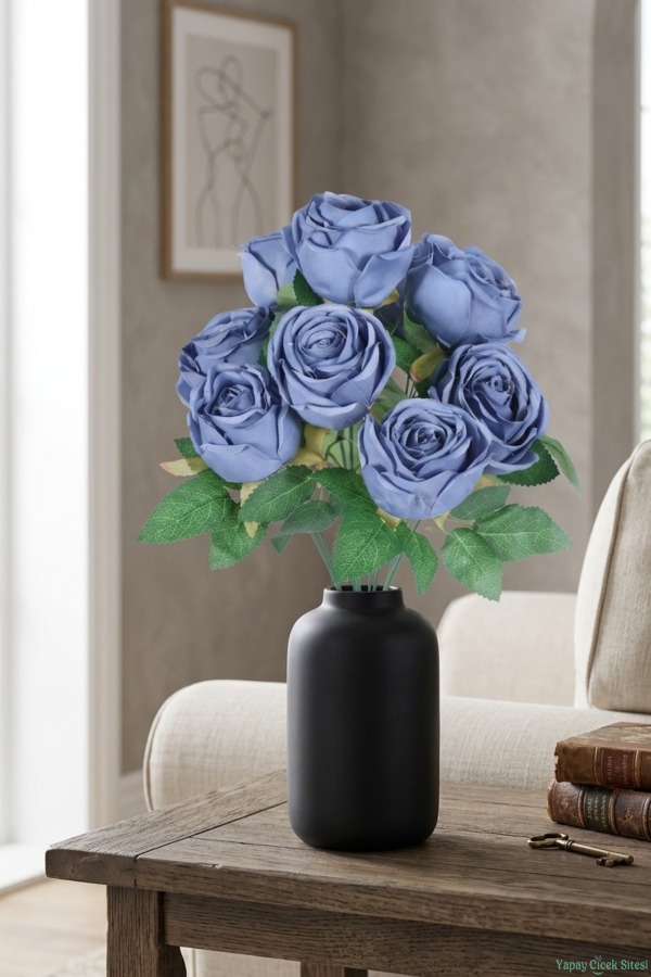 Dolgun Görünümlü Yapay Gül Demeti 40 cm 9lu Mavi - 1