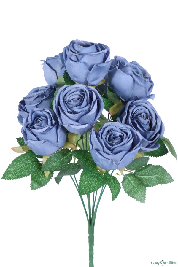 Dolgun Görünümlü Yapay Gül Demeti 40 cm 9lu Mavi - 2