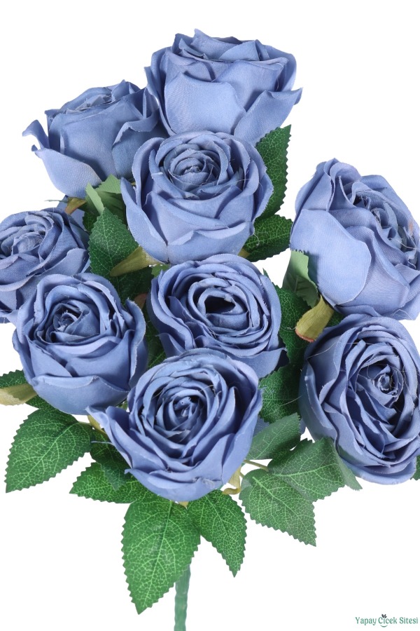 Dolgun Görünümlü Yapay Gül Demeti 40 cm 9lu Mavi - 4