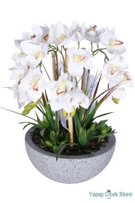 Fiber Saksıda Yapay Orkide Tanzimi Beyaz 55 cm - Yapay Çiçek Sitesi