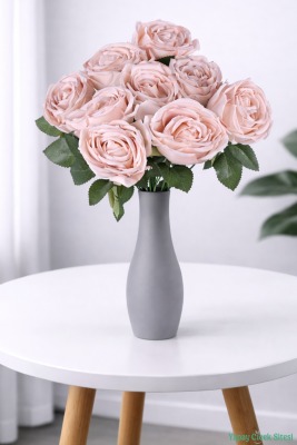 Gerçek Görünümlü Katmerli Yapay Gül Demeti 9 Dal Pudra - Yapay Çiçek Sitesi