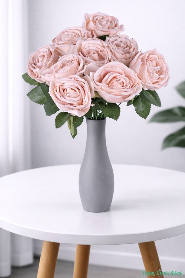 Gerçek Görünümlü Katmerli Yapay Gül Demeti 9 Dal Pudra - 1