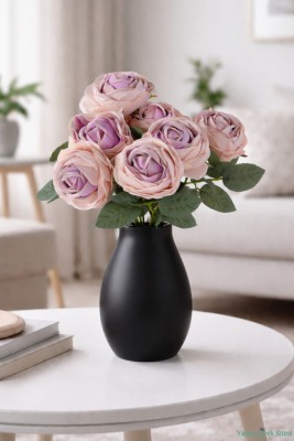 Gerçek Görünümlü Yapay Gül Demeti 7li 45 cm Pudra-Pembe - Yapay Çiçek Sitesi