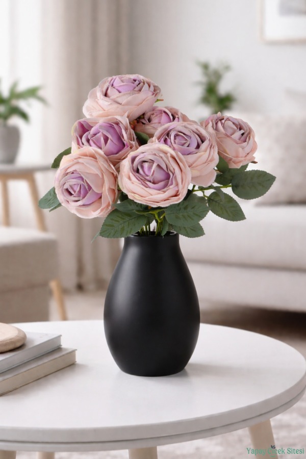 Gerçek Görünümlü Yapay Gül Demeti 7li 45 cm Pudra-Pembe - 1