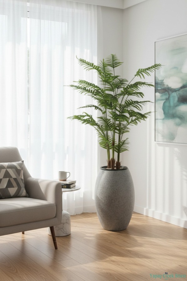 Gri Fiber Saksıda 3 Gövdeli Yapay Areka Palmiye Ağacı 190 cm - 4