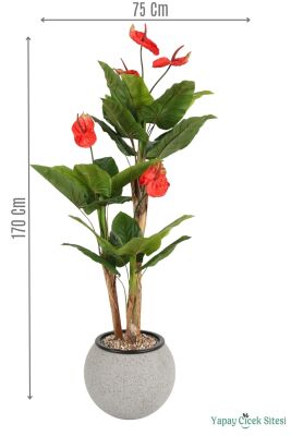 Gri Fiber Saksıda Yapay Antoryum Ağacı 170 cm (Anthurium) - Yapay Çiçek Sitesi
