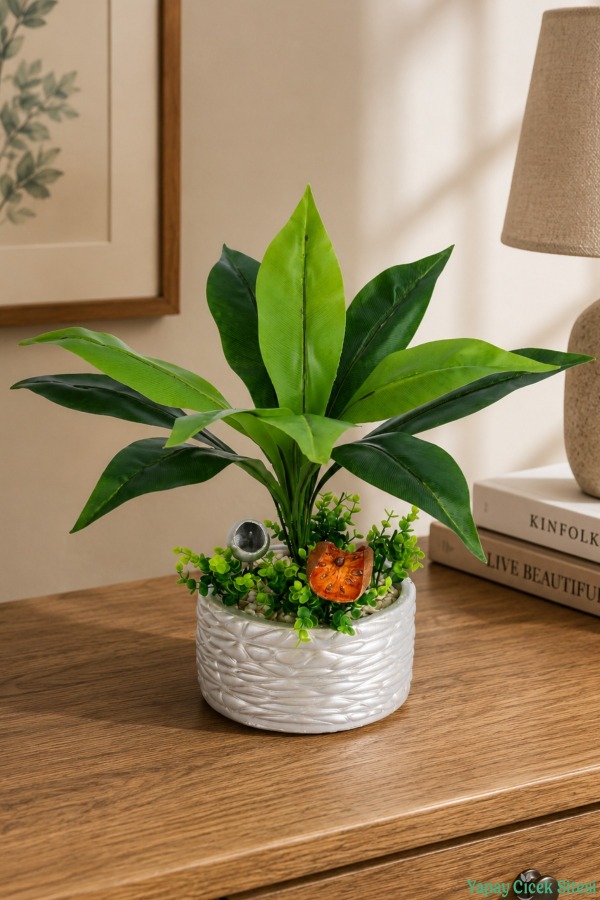 Gümüş Beton Saksıda Yapay Bitki Tanzimi 48 cm Model 4 - 1