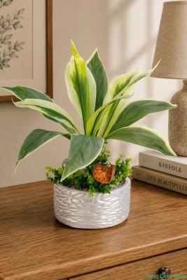 Gümüş Beton Saksıda Yapay Bitki Tanzimi 48 cm Model 6 - Yapay Çiçek Sitesi
