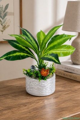 Gümüş Beton Saksıda Yapay Bitki Tanzimi 48 cm Model 1 - Yapay Çiçek Sitesi