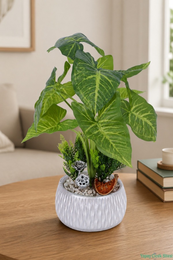 Gümüş Beton Saksıda Yapay Ok Yapraklı Bitki Tanzimi 46cm Yeşil - 1