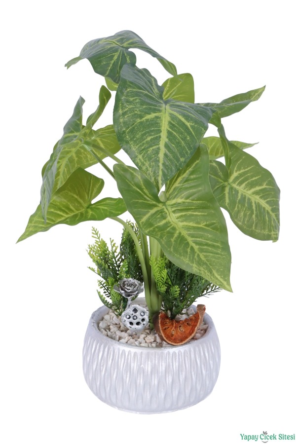Gümüş Beton Saksıda Yapay Ok Yapraklı Bitki Tanzimi 46cm Yeşil - 2