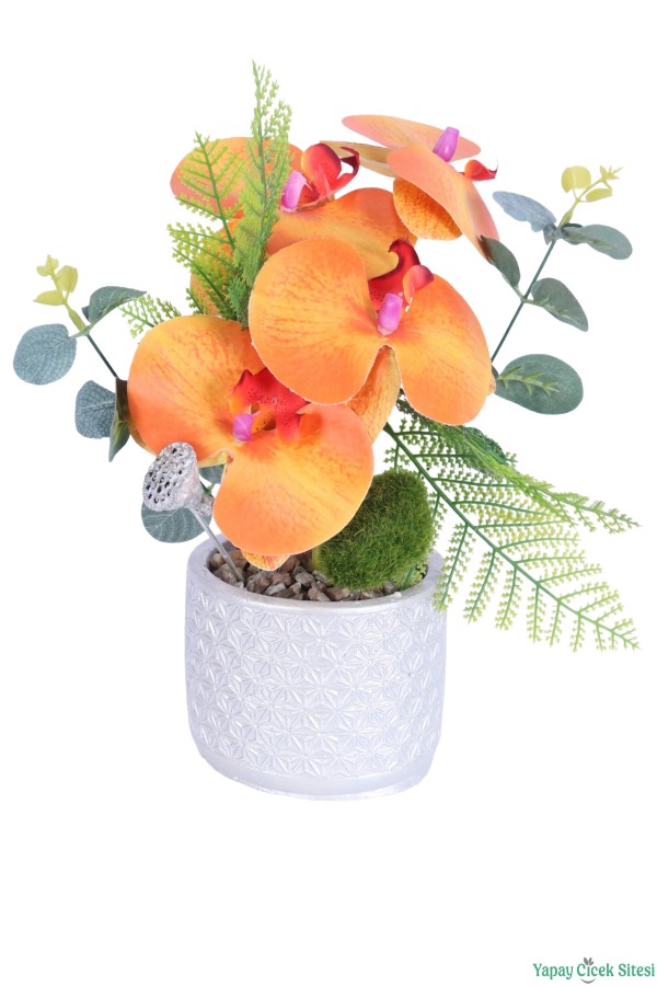 Gümüş Beton Saksıda Yapay Orkide Tanzimi 26cm Model 1 - 2
