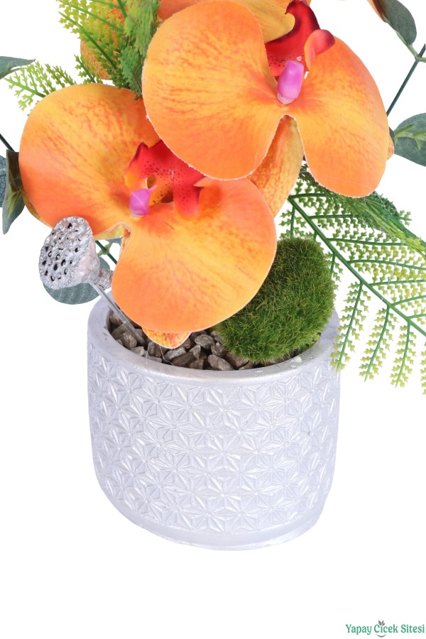 Gümüş Beton Saksıda Yapay Orkide Tanzimi 26cm Model 1 - 3